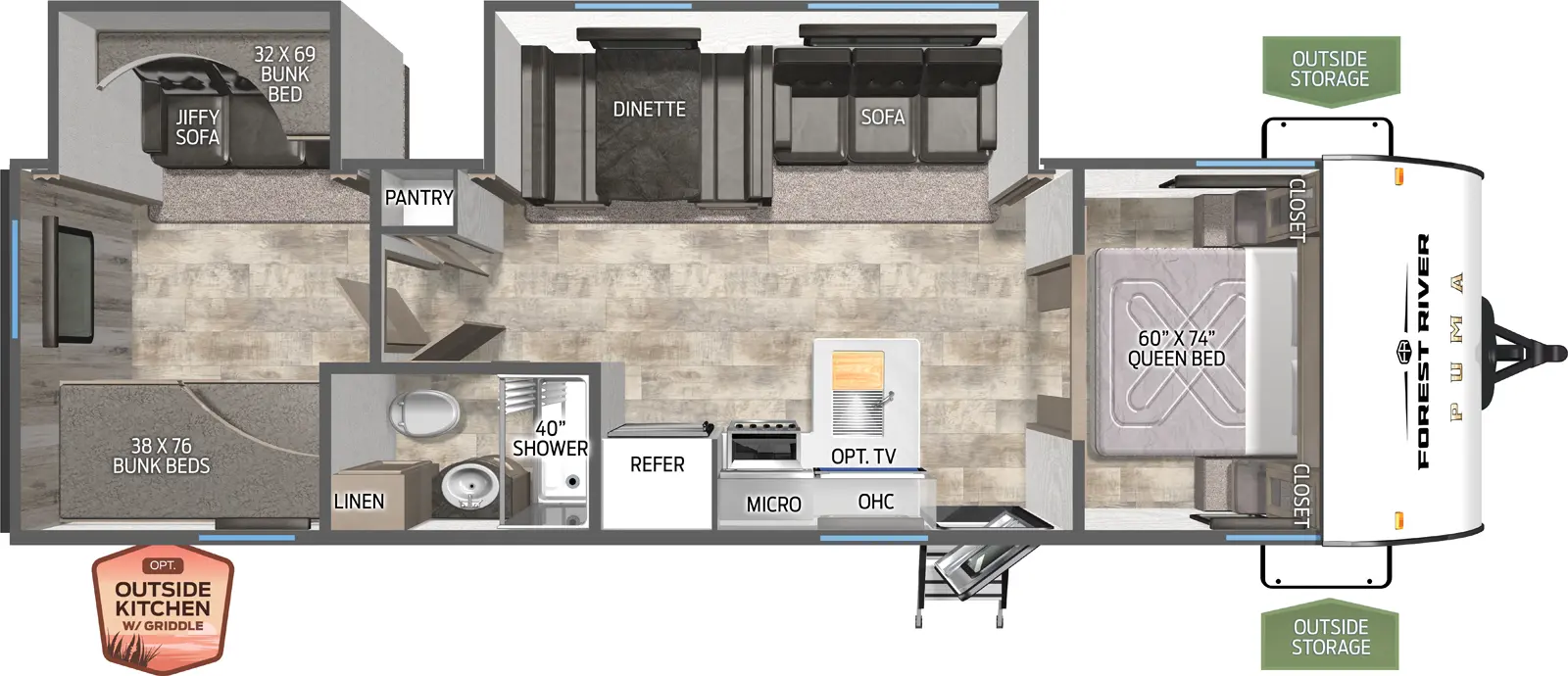 The Puma Camping Edition 305BHCE floorplan has one entry and two slide outs. Exterior features include: metal exterior, 15' awning and outside kitchen. Interiors features include: bunk beds and front bedroom.